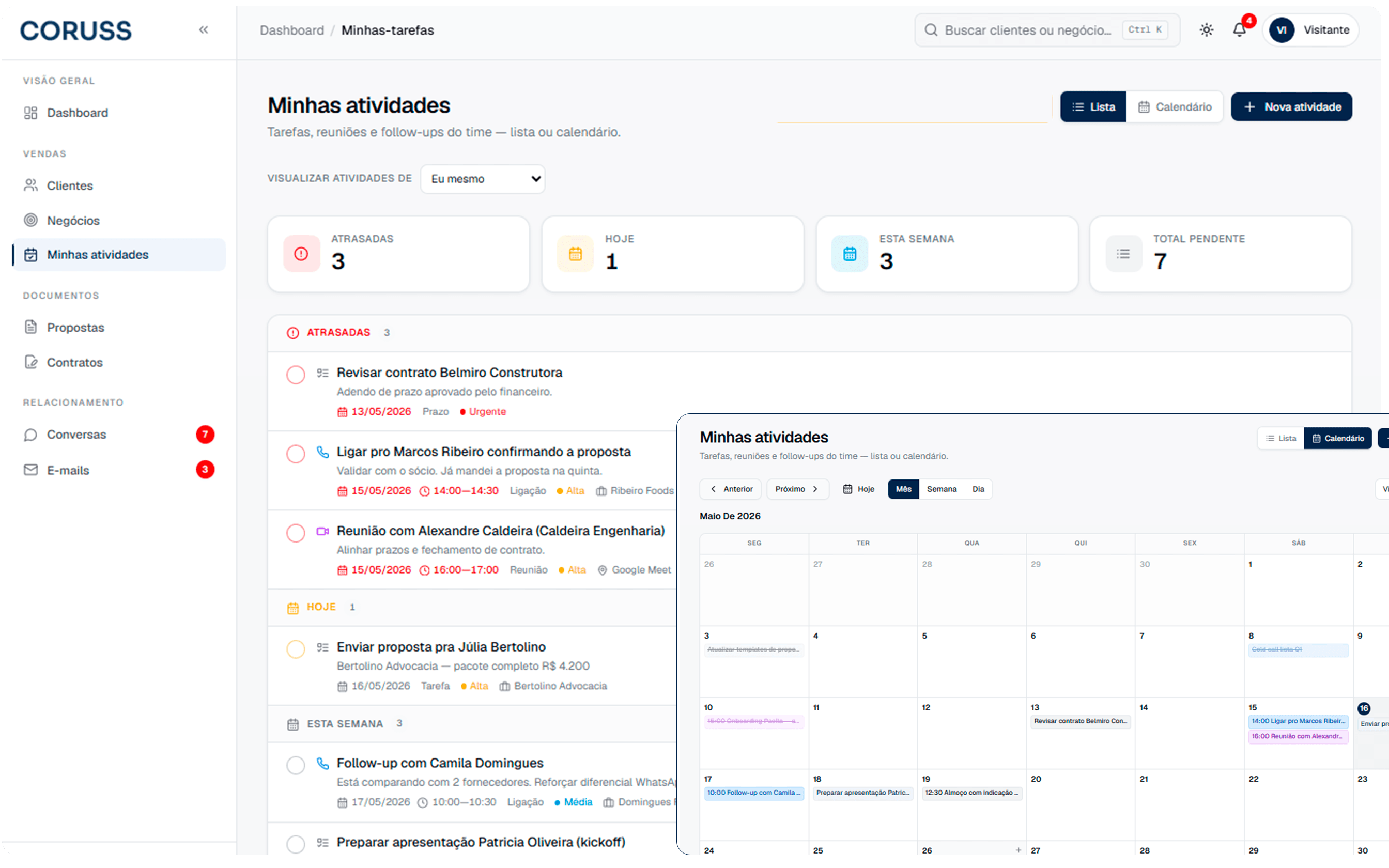 Tarefas do Coruss em modo lista e calendário