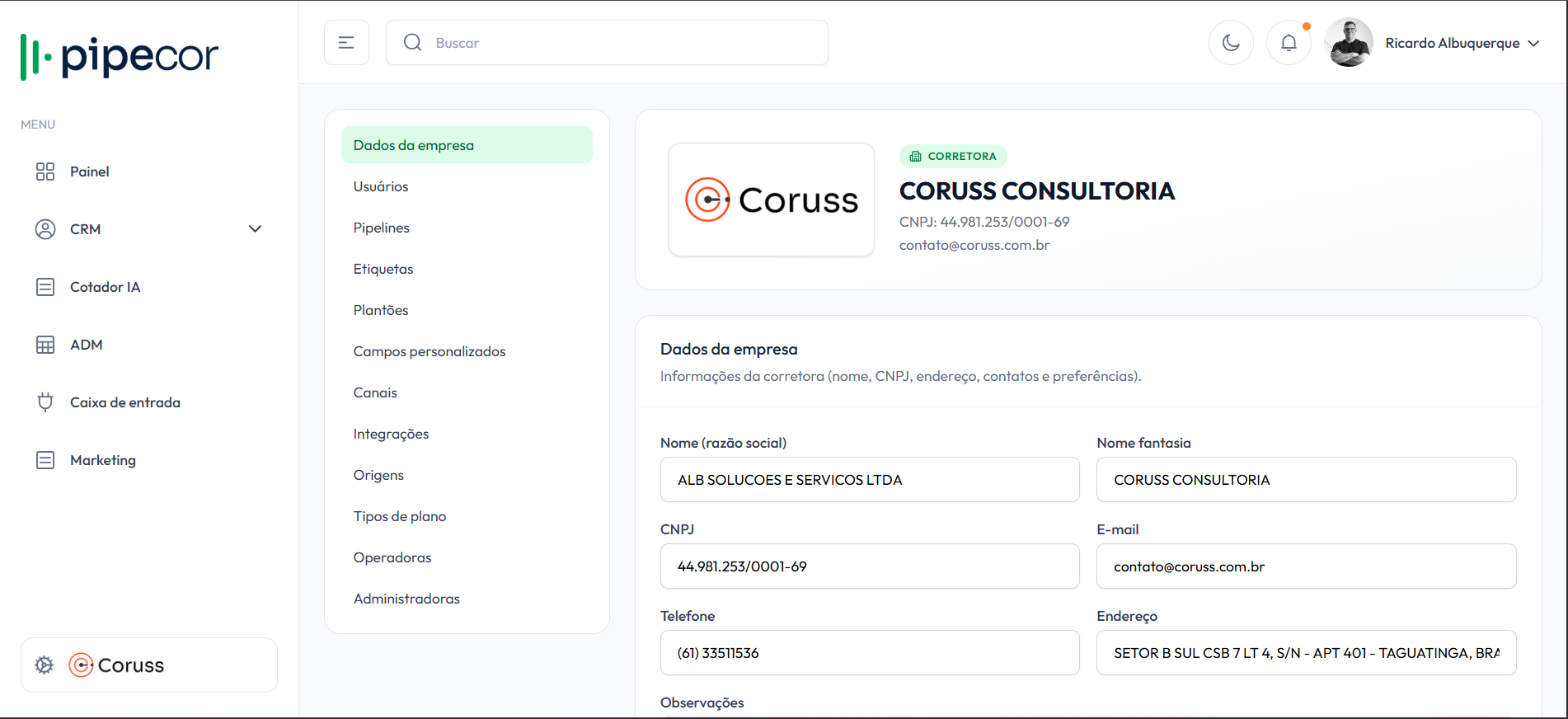Pipecor - Gestão Administrativa e CRM